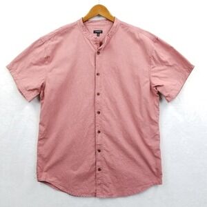 J‎ Peterman Shirt Men L Red 100% Cotton Band Collar Short Sleeve Button Casual